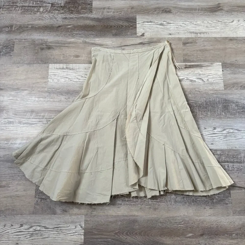 Nicole Farhi Beige Cotton Asymmetrical Midi Skirt Raw Hem Minimalist Size US 10